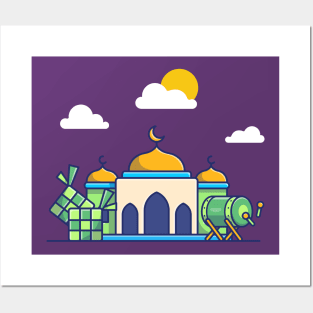 Mosque, ketupat And Bedug Drumb Cartoon Posters and Art